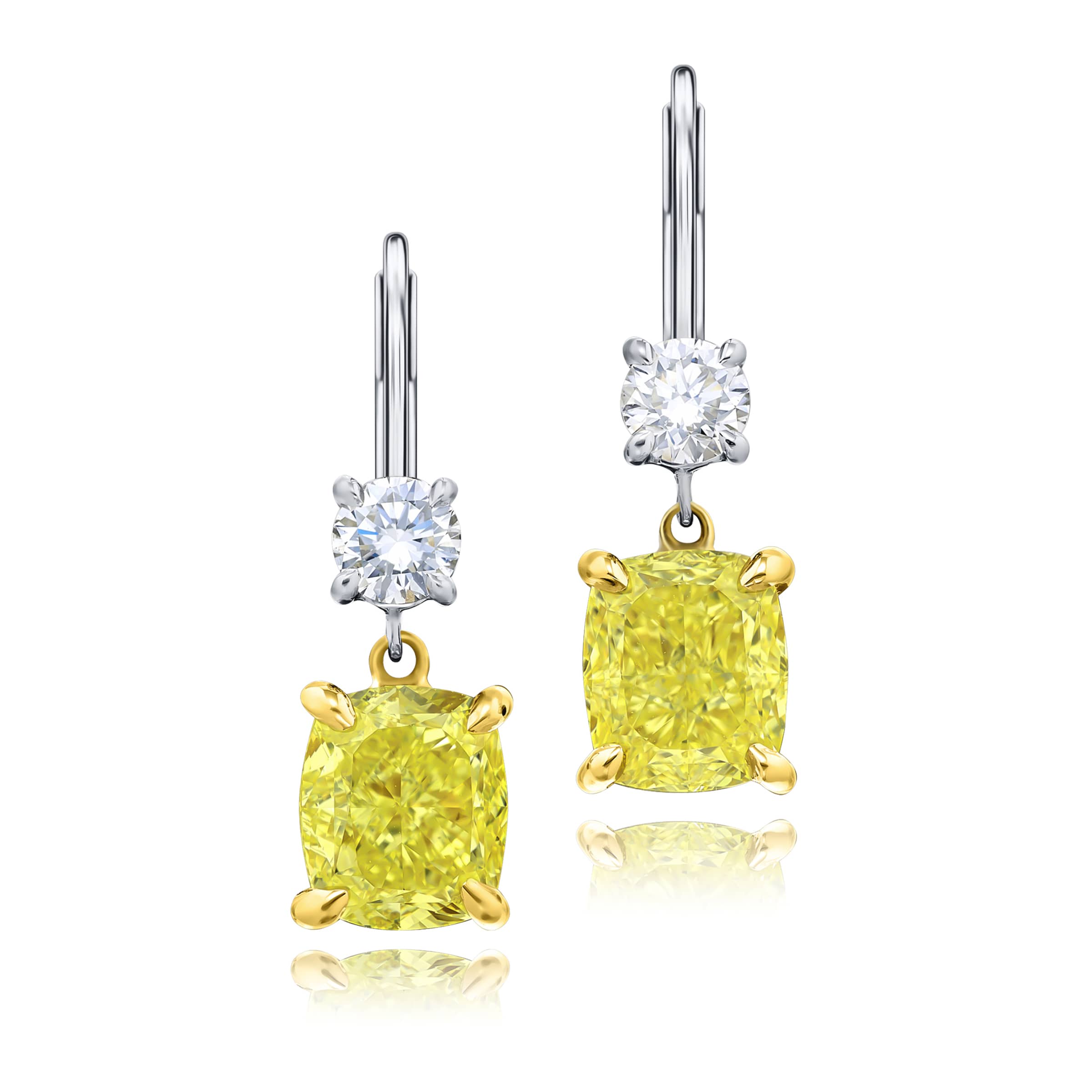 Platinum and 18K Yellow Gold Cushion-Cut Fancy Yellow Diamond Certified Drop Earring