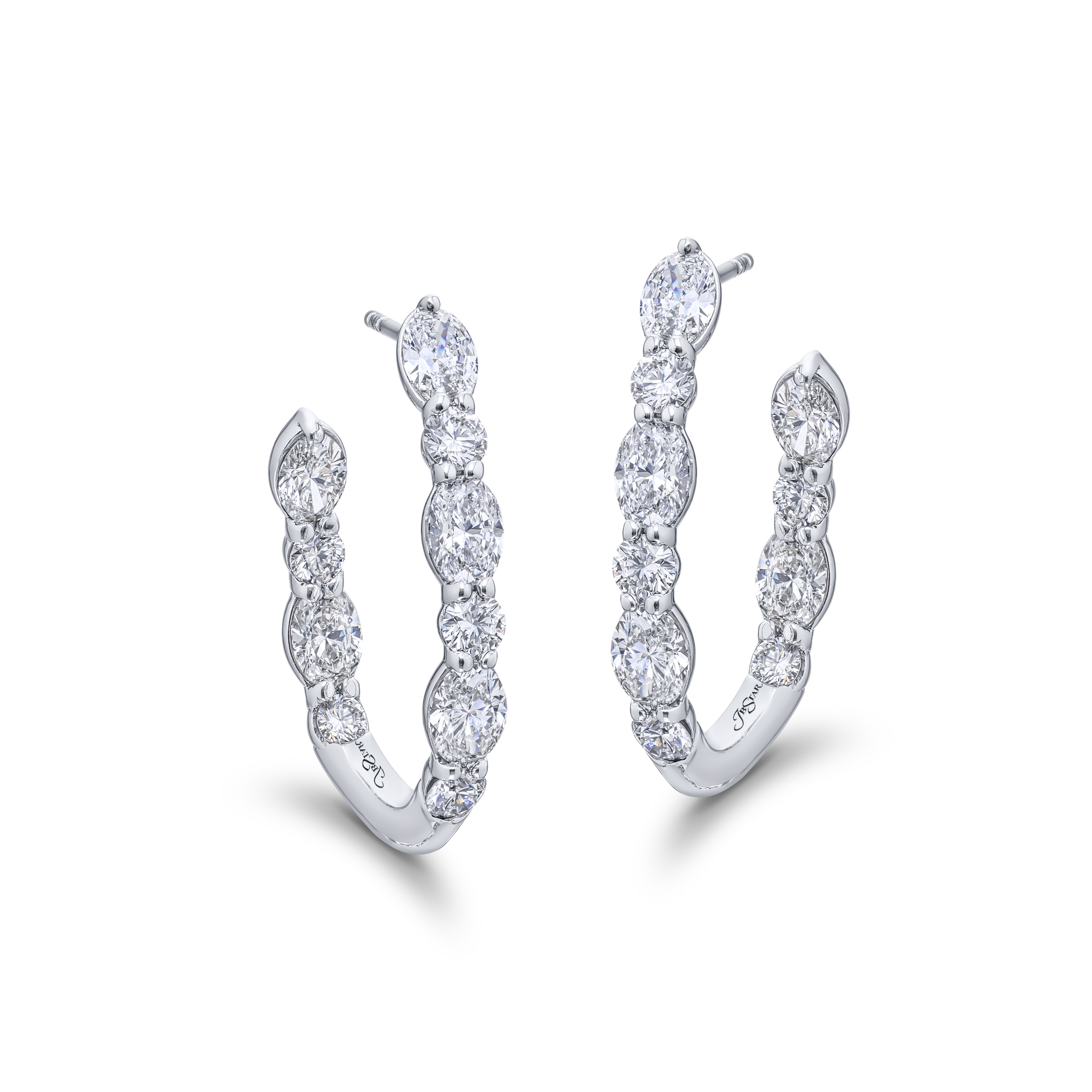 Platinum Oval and Round Diamond Hoop Earrings