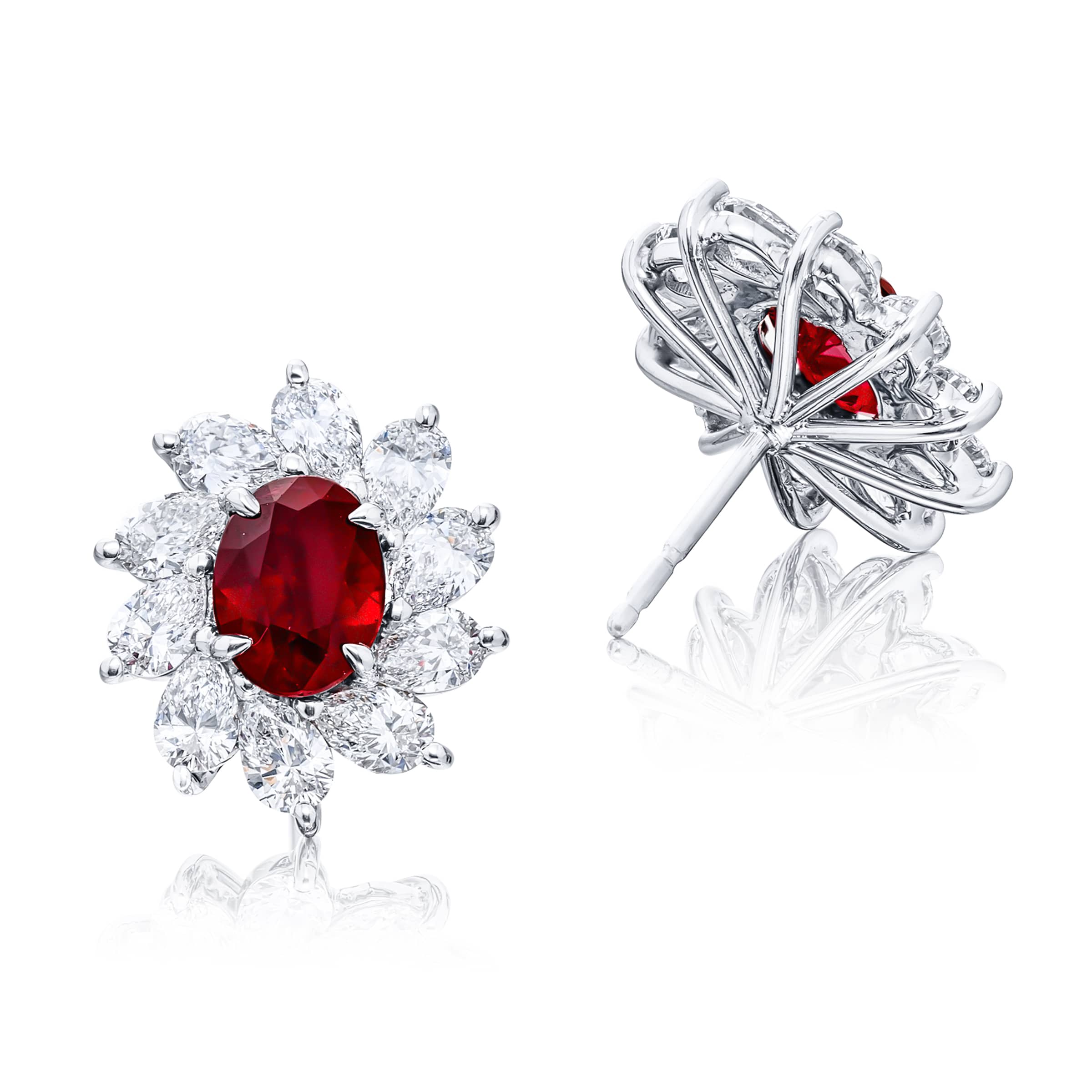 Platinum Oval Ruby Certified Floral Stud Earrings