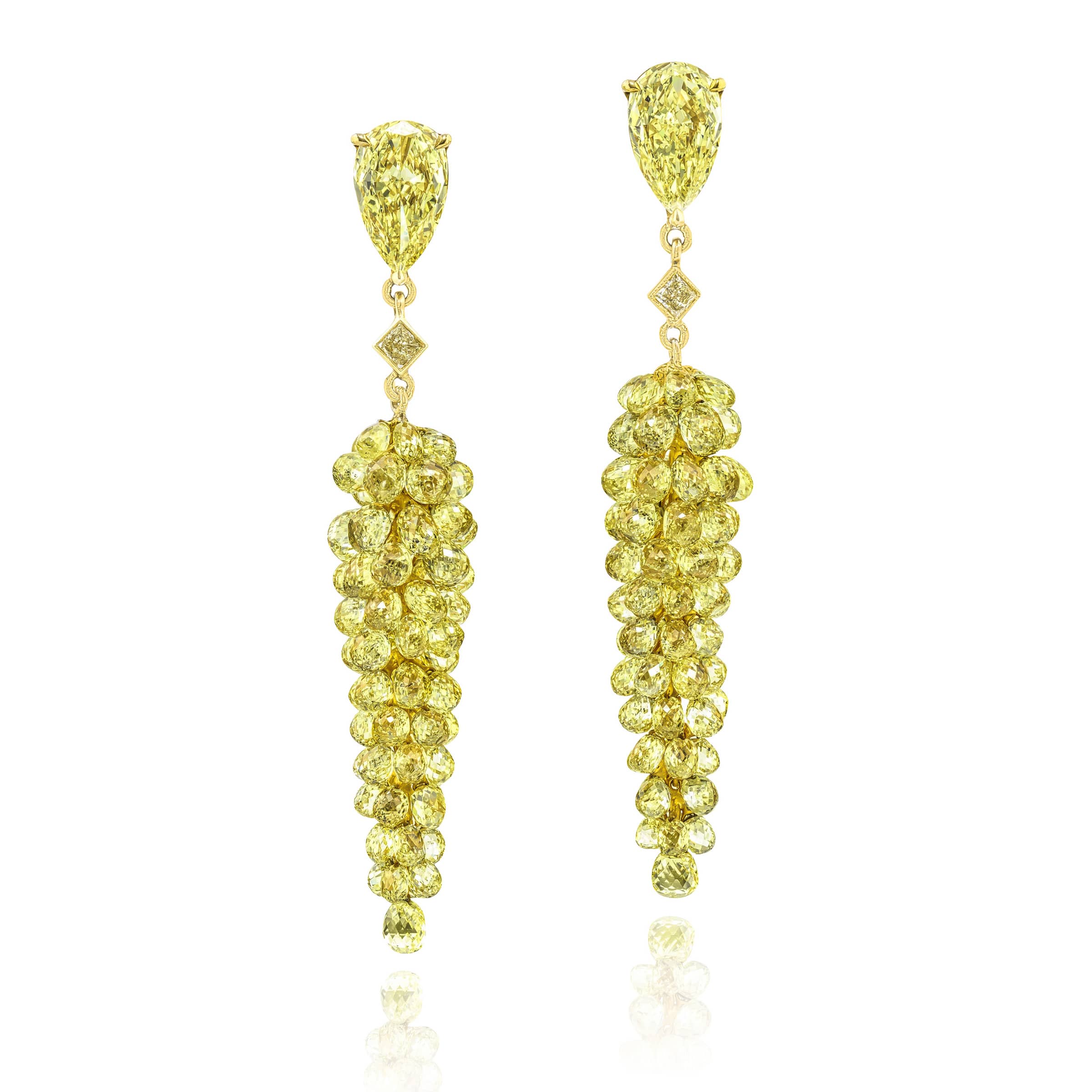 18K Yellow Gold Briolette Fancy Light Yellow Diamond Certified Drop Earrings