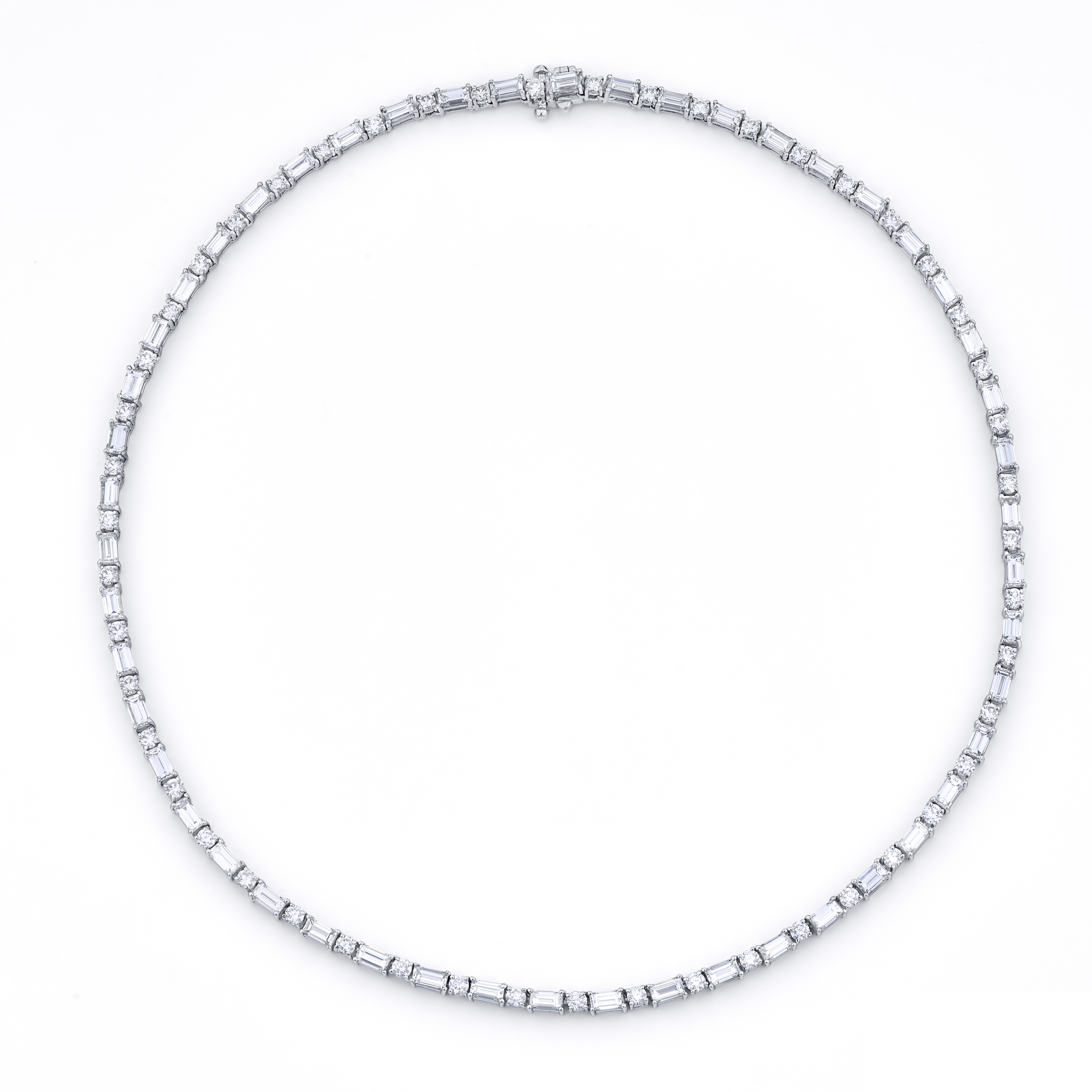 Platinum Straight Baguette and Round Diamond Necklace