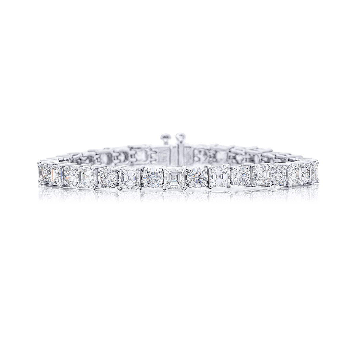 Platinum Square Emerald-Cut and Round Diamond Bracelet