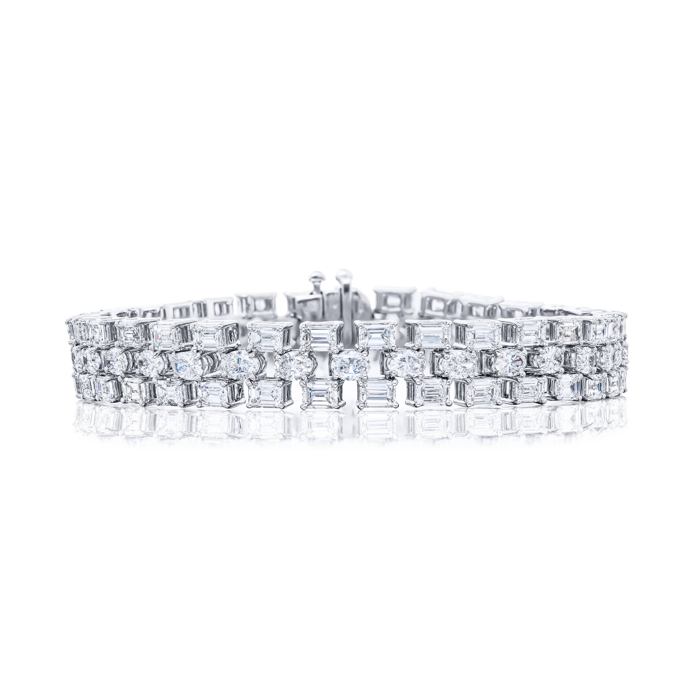 Platinum Emerald-Cut and Oval Diamond Three-Row Bracelet