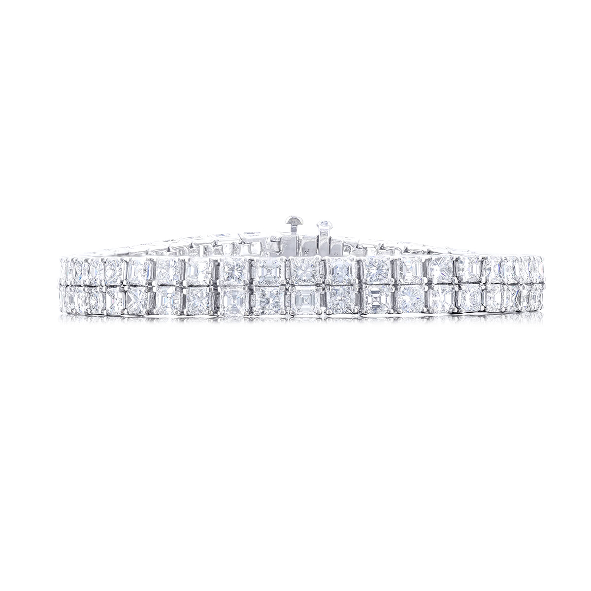Platinum Square Emerald-Cut and Radiant-Cut Diamond Two-Row Bracelet