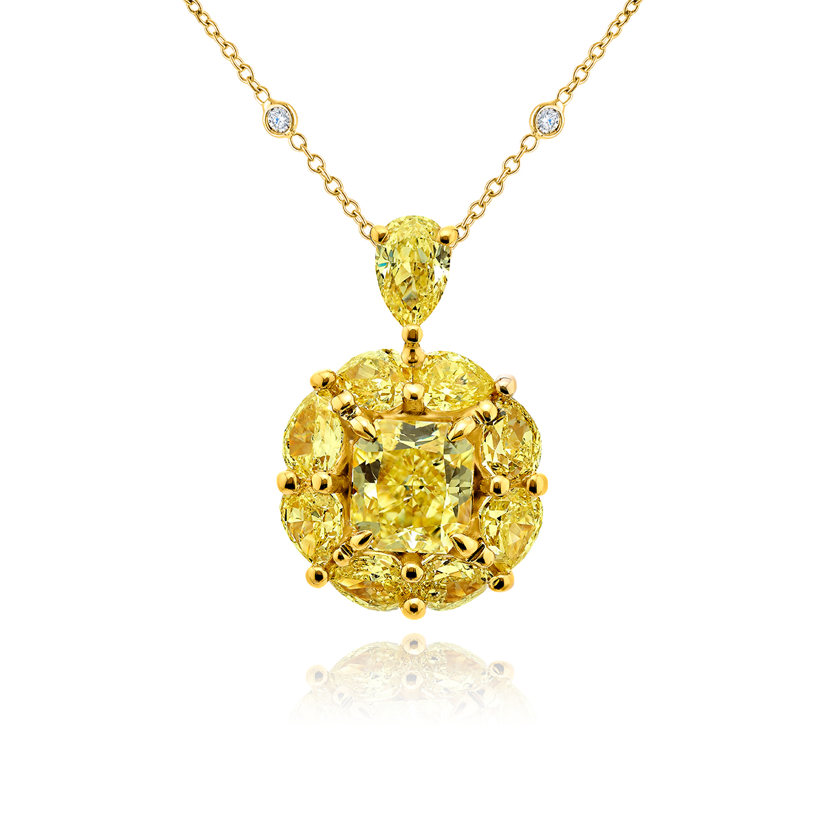 18K Yellow Gold Radiant-Cut Fancy Yellow Diamond and Pear-Shaped Diamond Pendant