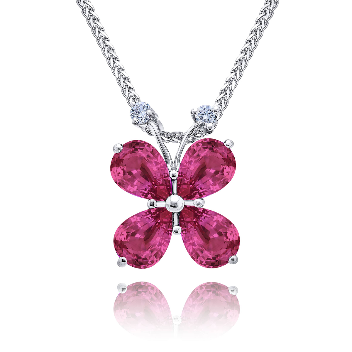 Platinum Pear-Shaped Pink Sapphire and Round Diamond Certified Butterfly Pendant
