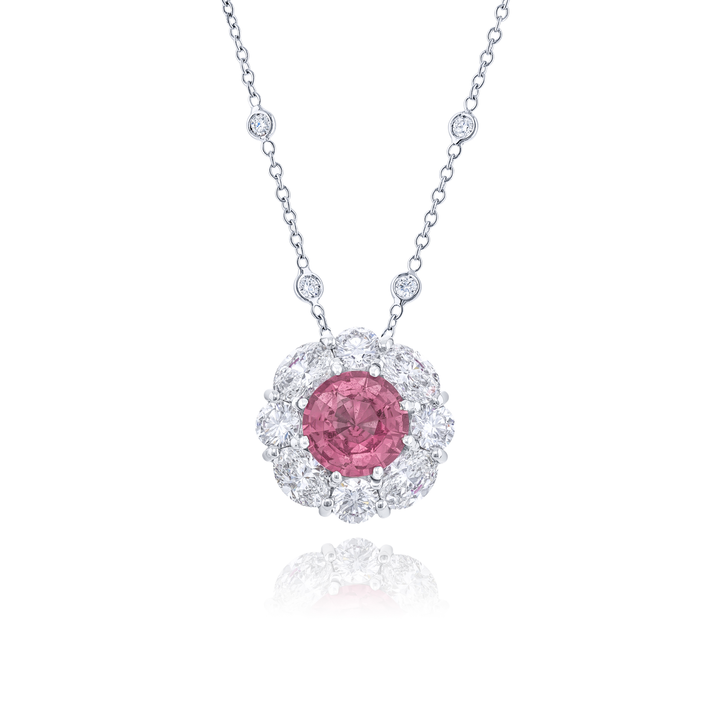 Platinum Round Pink Sapphire and Oval Diamond Certified Pendant