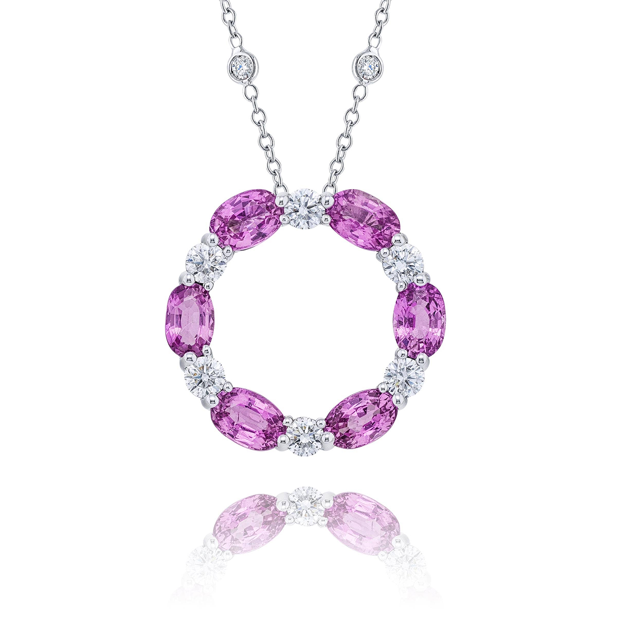Platinum Oval Pink Sapphire and Round Diamond Certified Circle Pendant