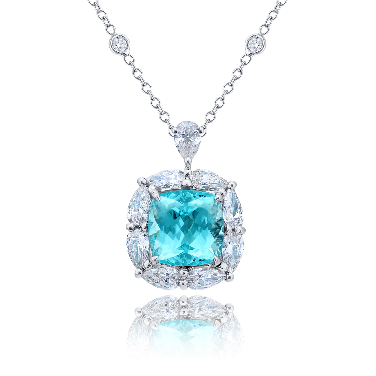 Platinum Cushion-Cut Paraiba and Pear-Shaped Diamond Certified Pendant