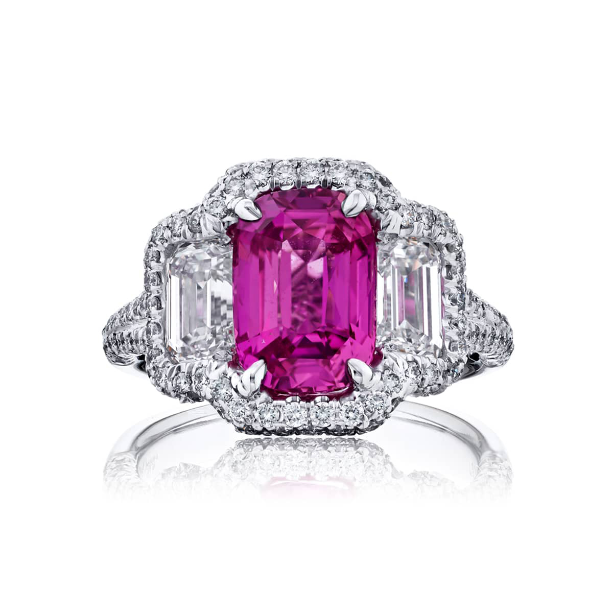 Platinum Emerald-Cut Pink Sapphire Certified Micro Pave Ring