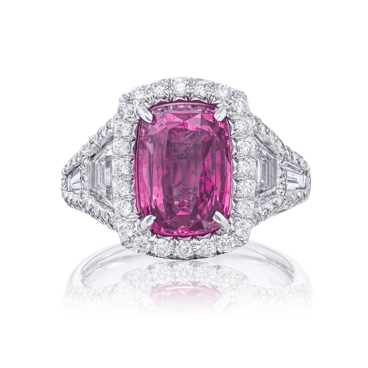 Platinum Emerald-Cut No-Heat Pink Sapphire Certified Micro Pave Ring