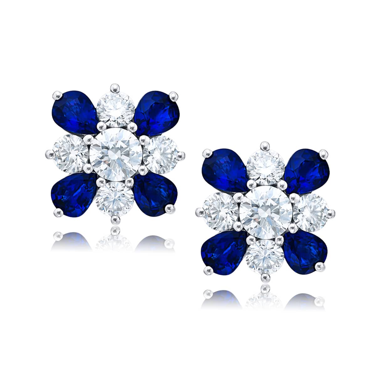 Platinum Round Diamond and Pear-Shaped Sapphire Stud Earrings
