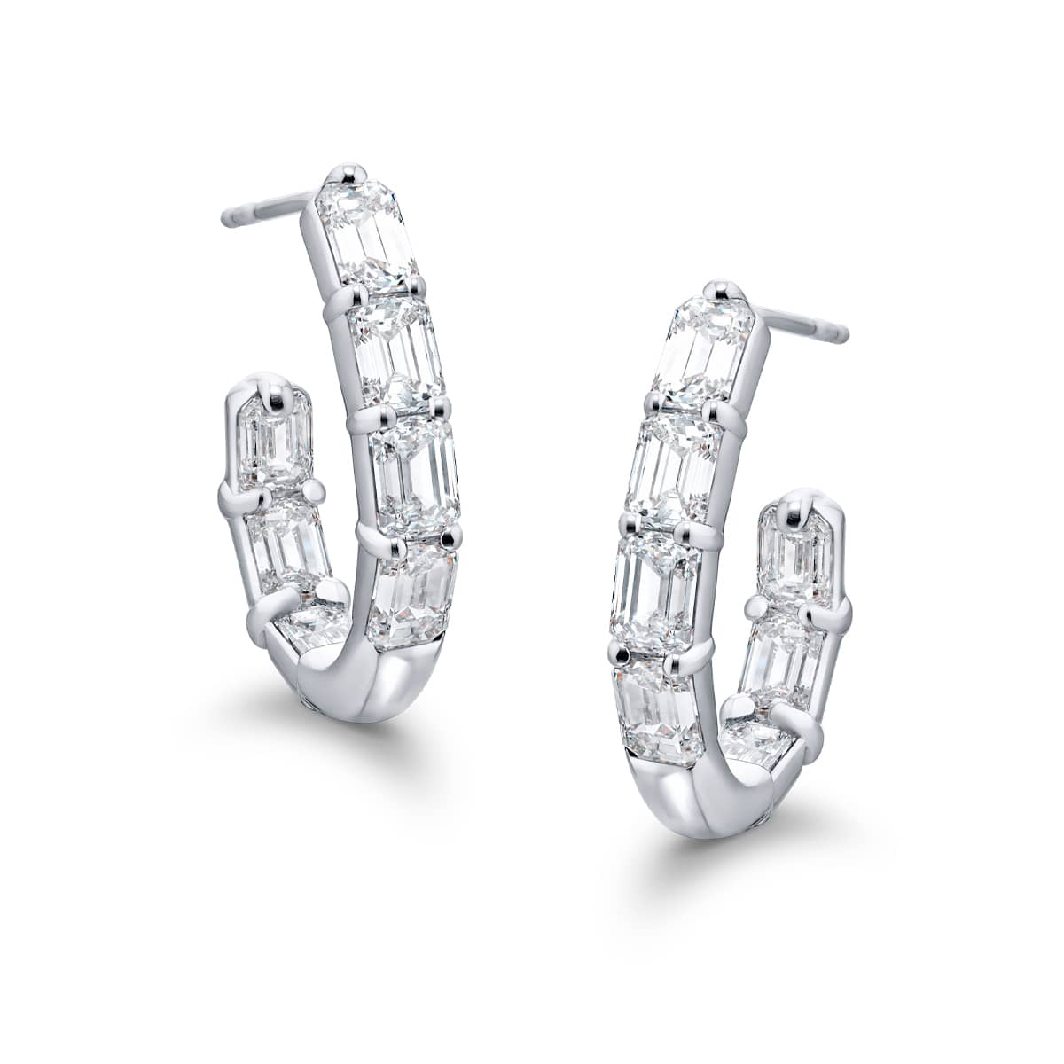 Platinum Emerald-Cut Diamond Hoop Earrings