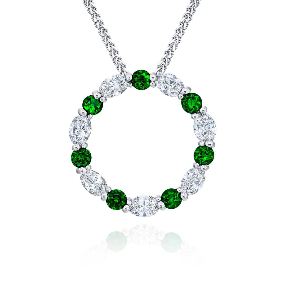Platinum Round Emerald and Oval Diamond Certified Circle Pendant