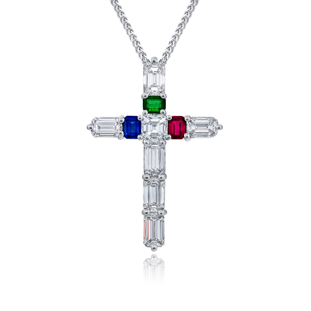 Platinum Emerald-Cut Multi-Color Sapphire and Emerald Cross Pendant