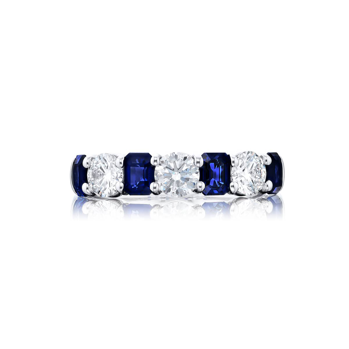 Platinum Emerald-Cut Sapphire and Round Diamond Single-Row Band