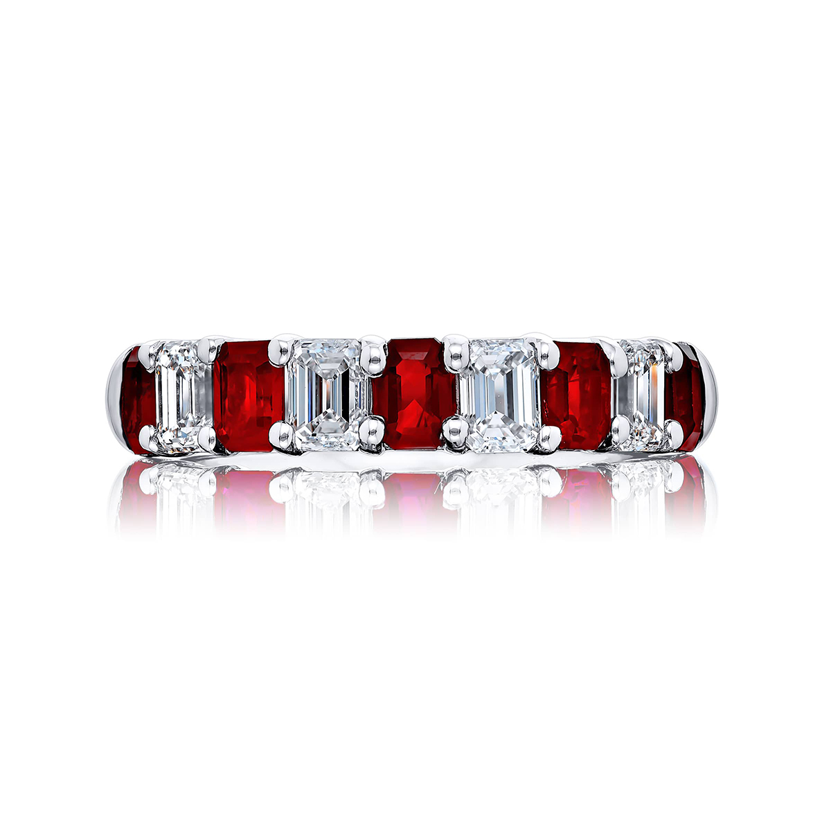 Platinum Emerald-Cut Ruby and Diamond Single-Row Band