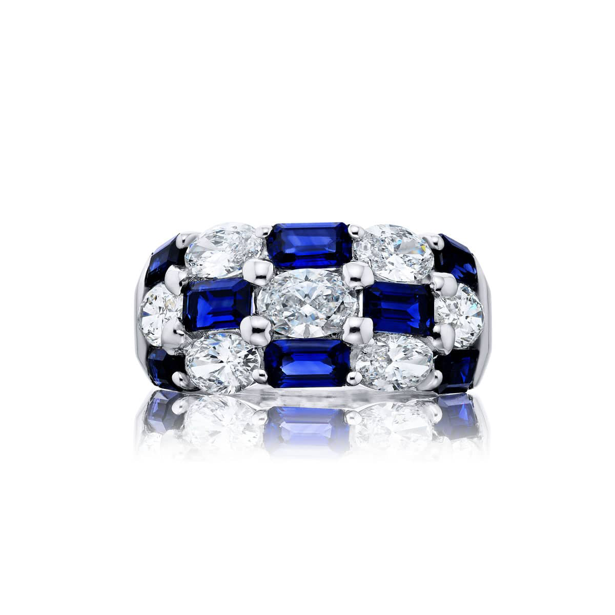 Platinum Emerald-Cut Sapphire and Oval Diamond Three-Row Band