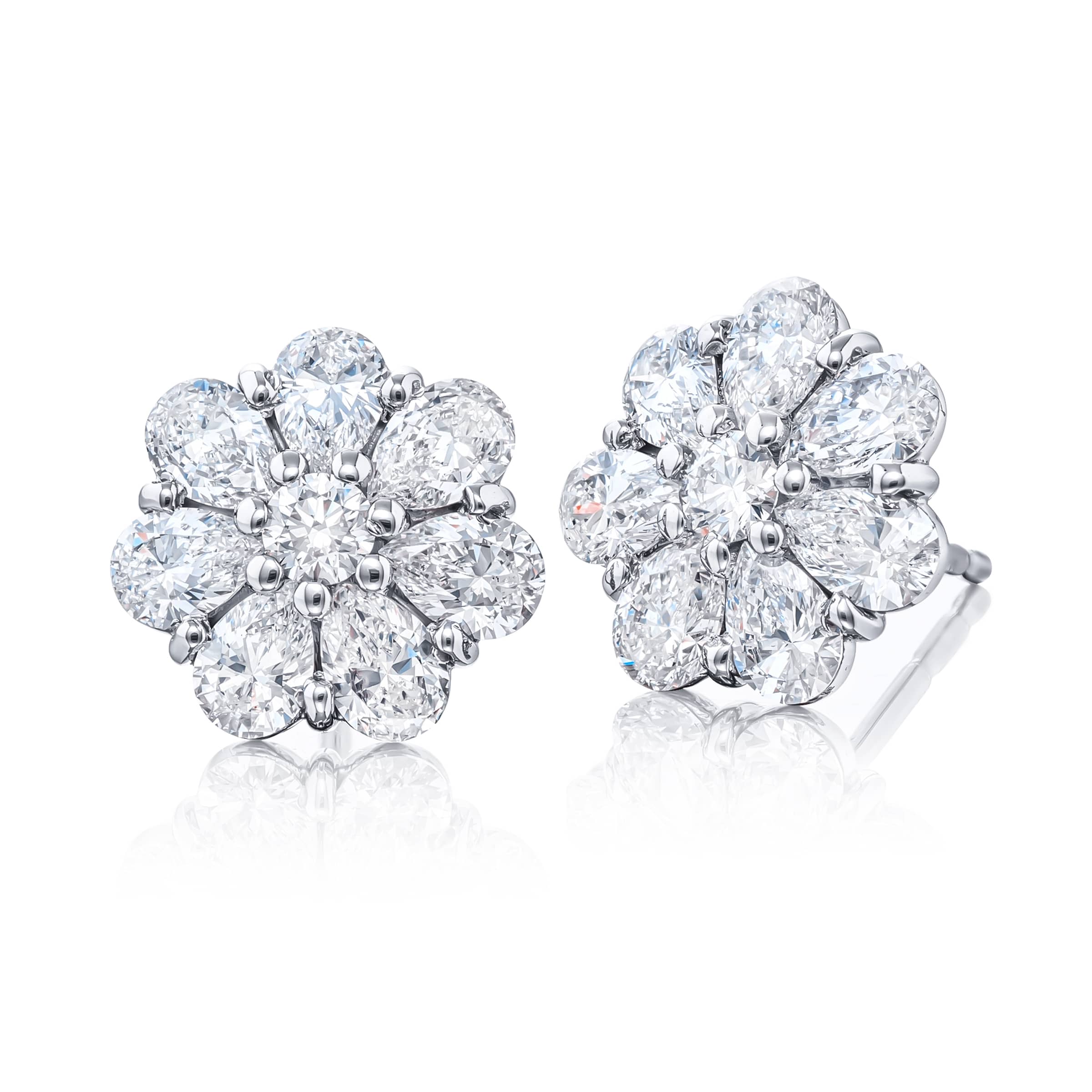 Platinum Pear-Shaped and Round Diamond Floral Stud Earrings