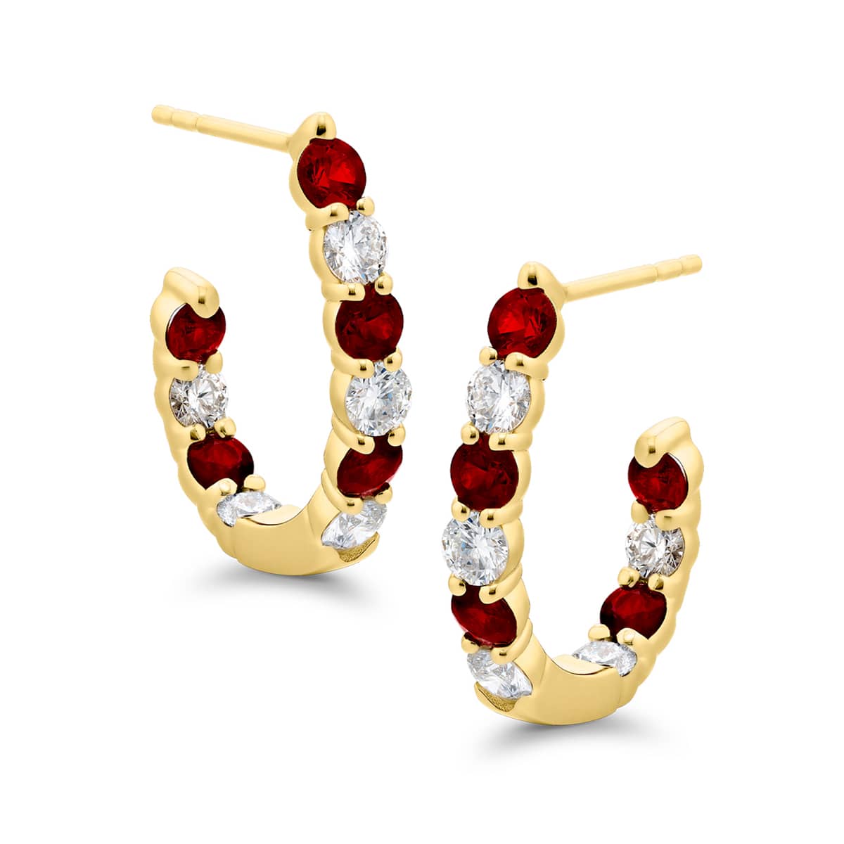 18K Yellow Gold Round Ruby and Diamond Hoop Earrings