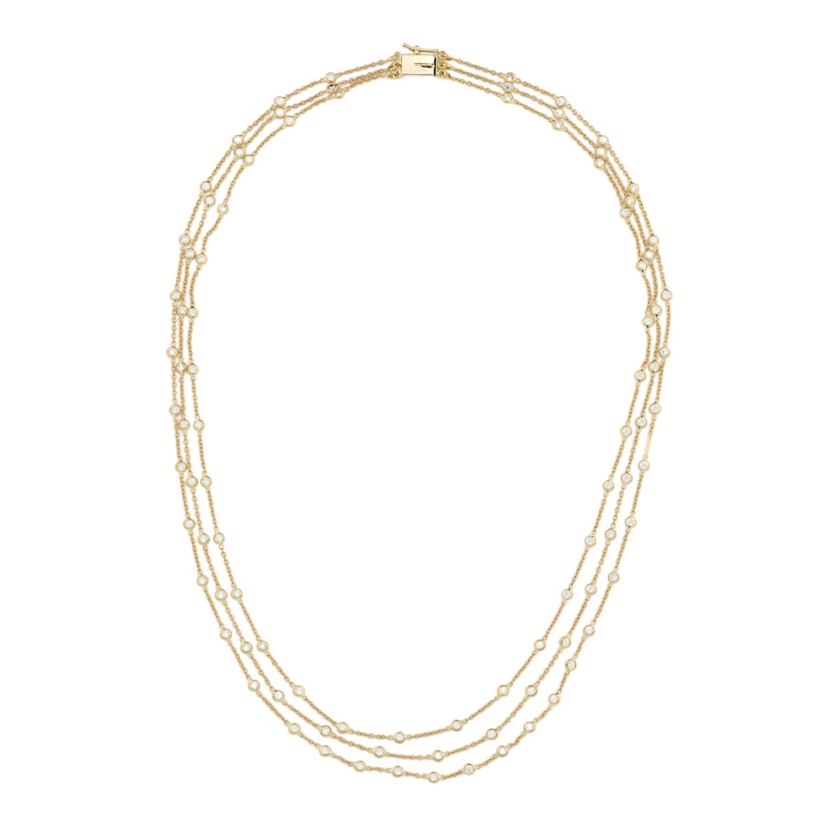 18K Yellow Gold Round Diamond Three-Row Bezel Necklace