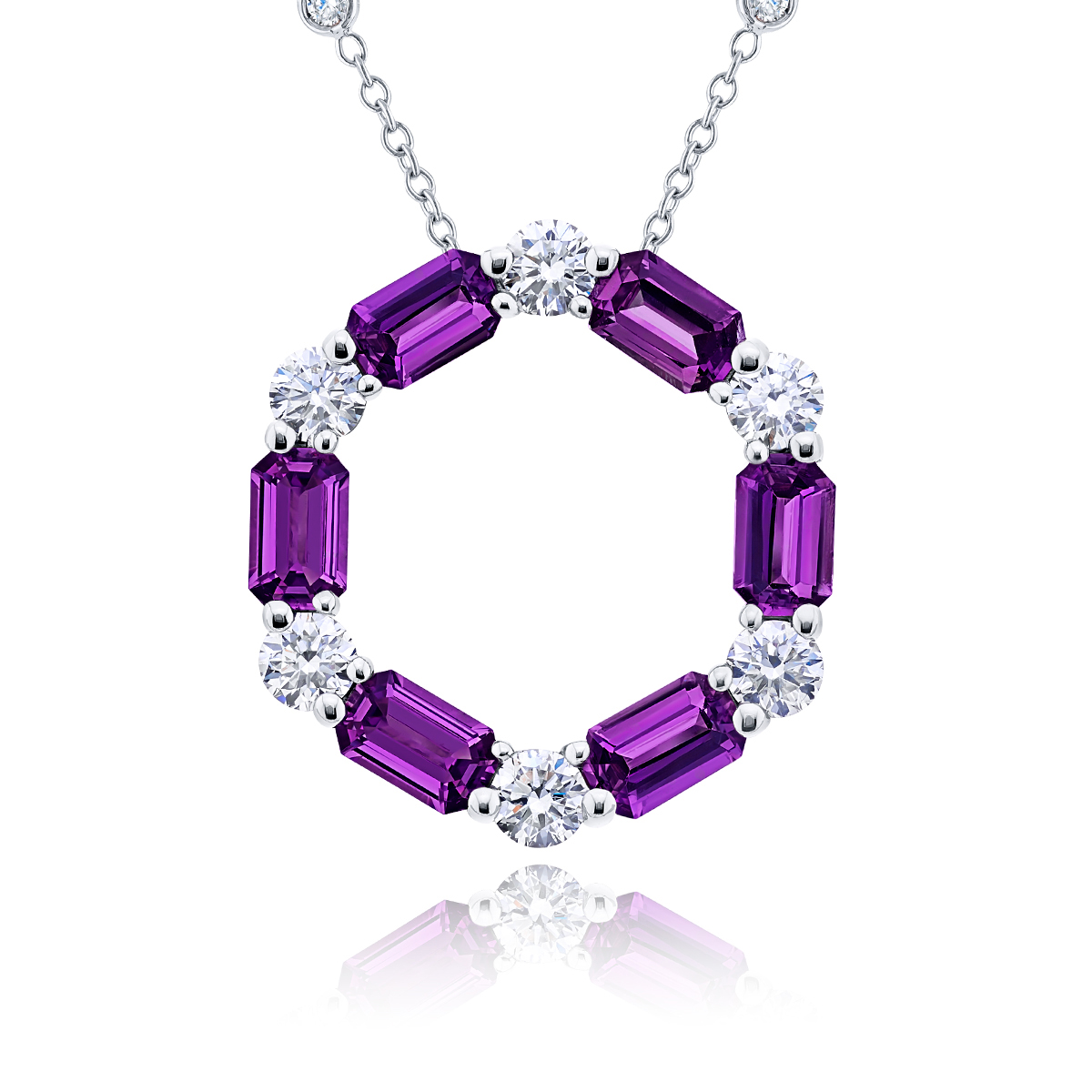 Platinum Emerald-Cut Purple Sapphire and Round Diamond Certified Circle Pendant