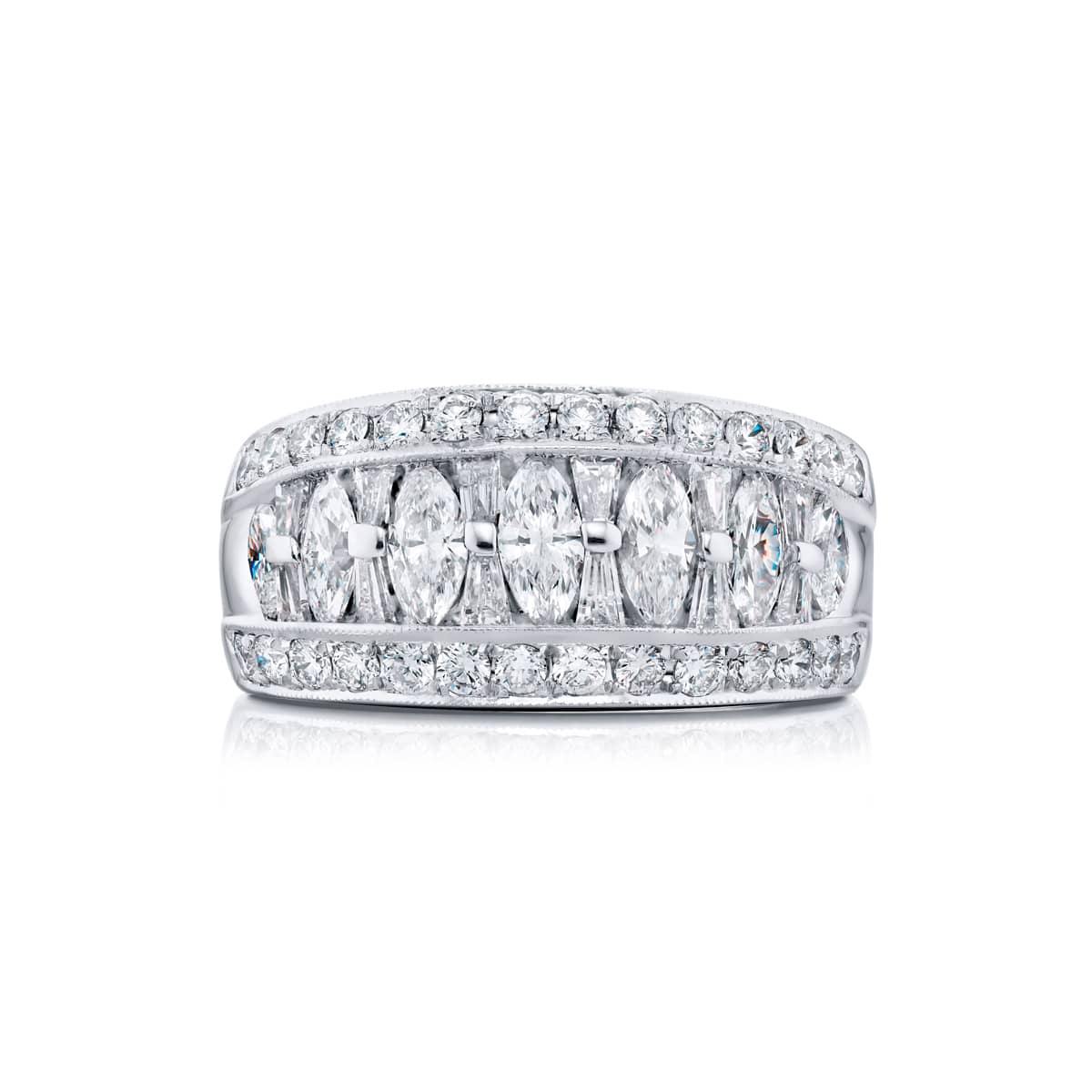 Platinum Marquise and Tapered Baguette Diamond Single-Row Channel Set Micro Pav? Band
