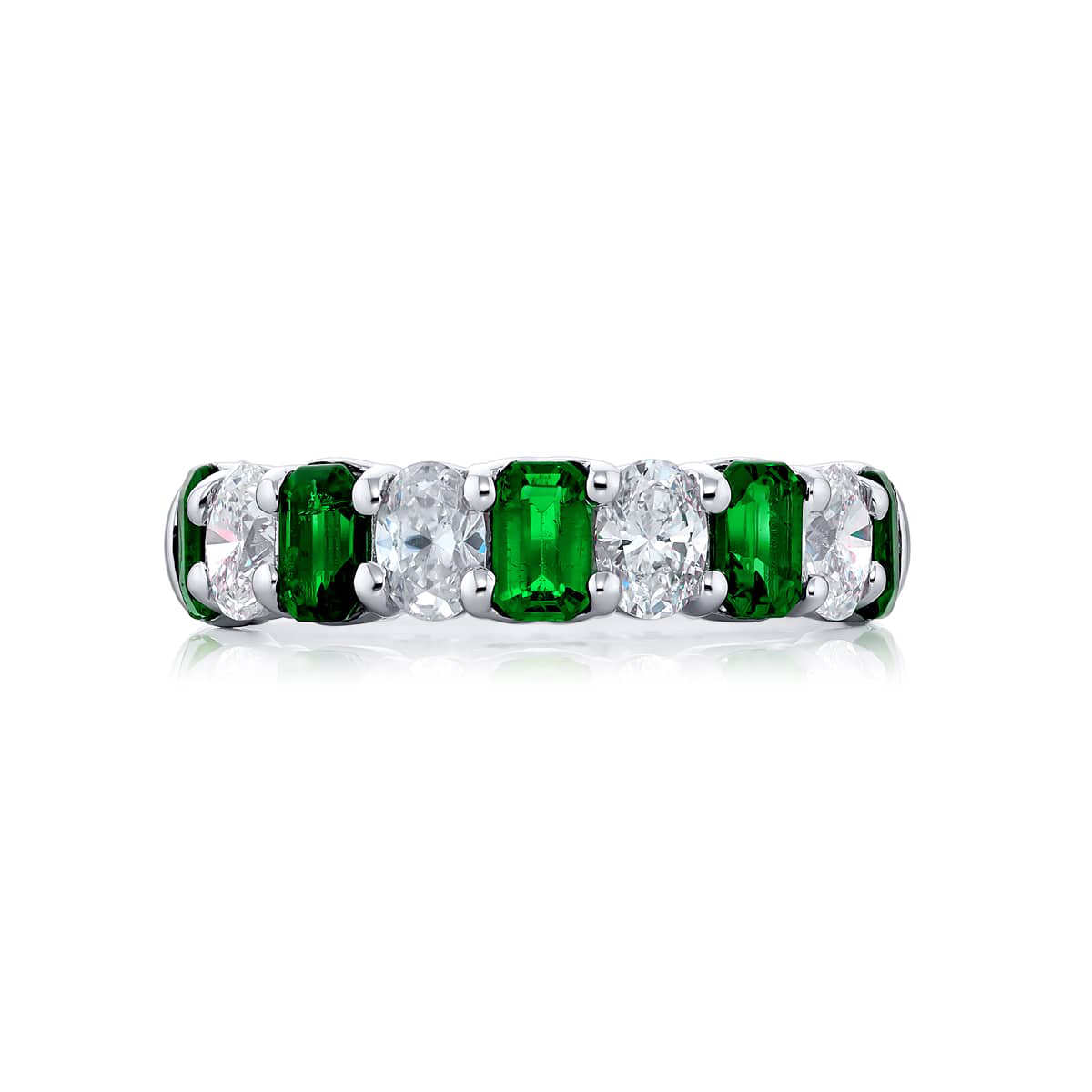 Platinum Emerald-Cut Emerald and Oval Diamond Single-Row Band