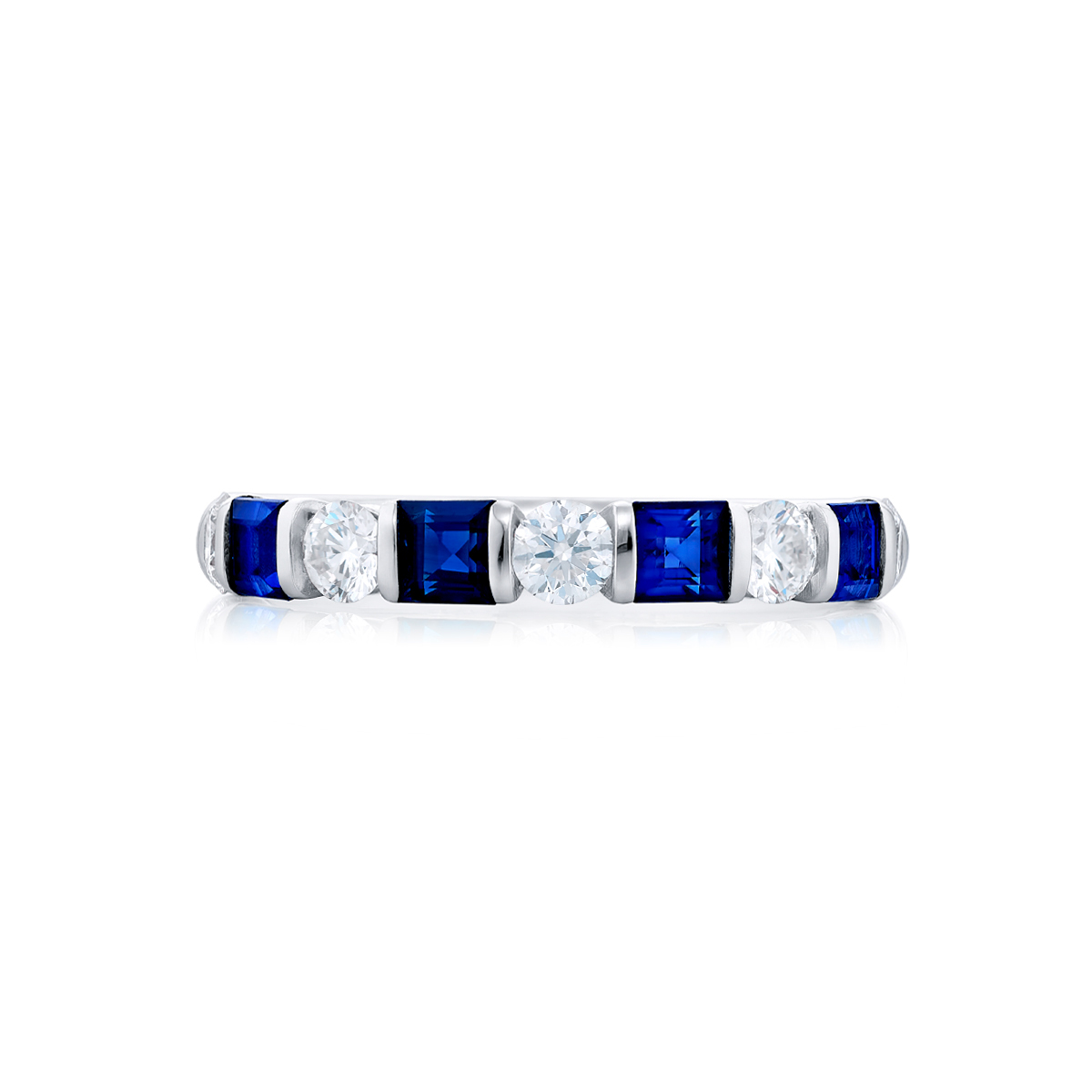 Platinum Square Emerald-Cut Sapphire and Round Diamond Single-Row Bar Set Band