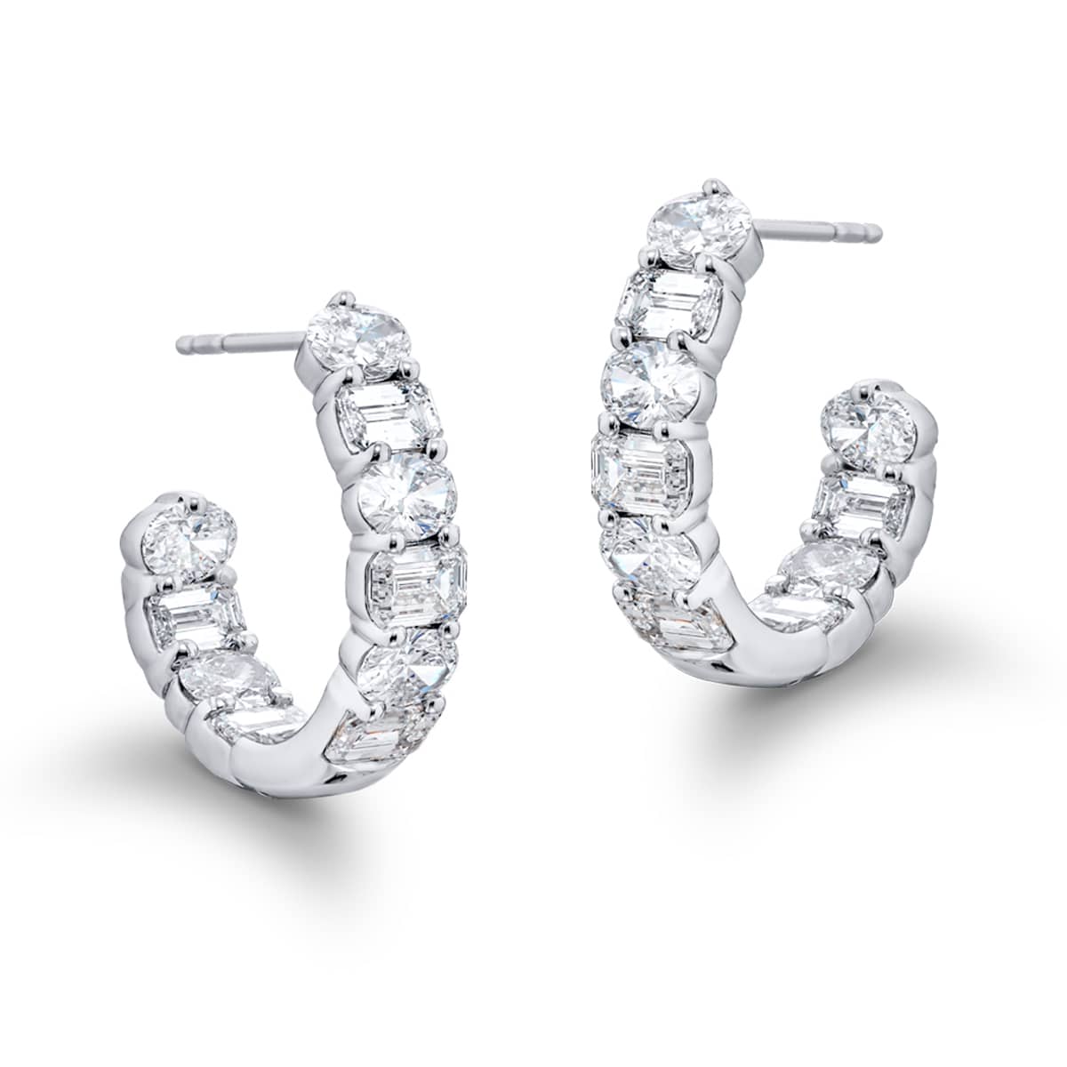 Platinum Oval and Emerald-Cut Diamond Hoop Earrings