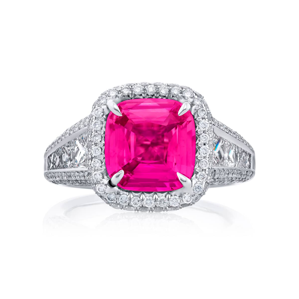 Platinum Cushion-Cut No-Heat Pink Sapphire Certified Micro Pave Ring