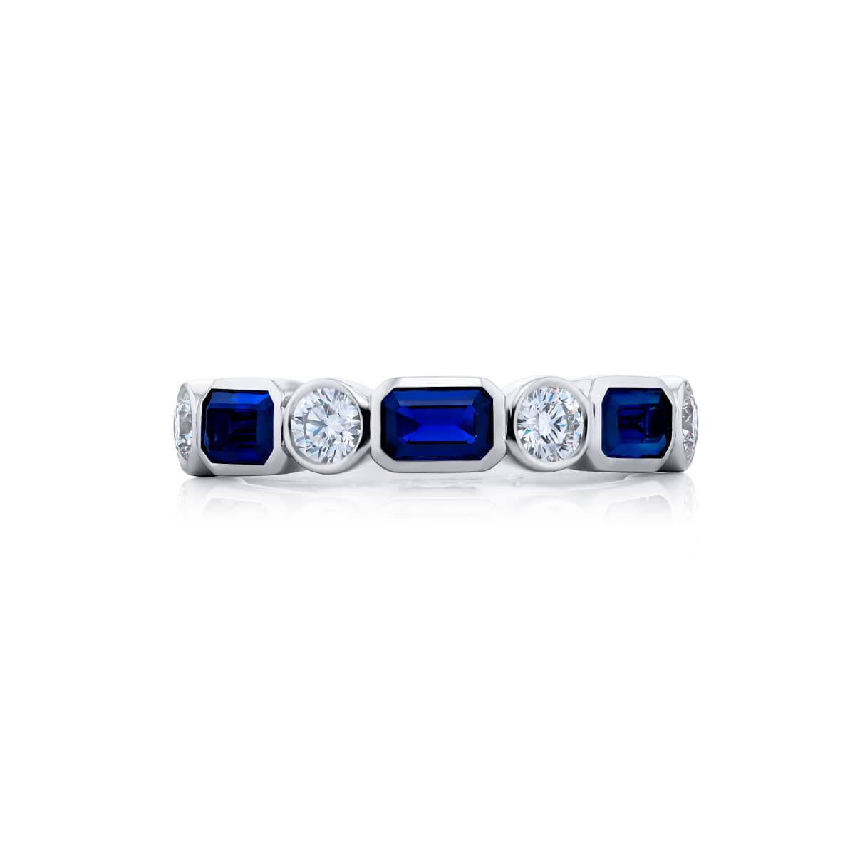 Platinum Emerald-Cut Sapphire and Round Diamond Single-Row Bezel Set East-West Band