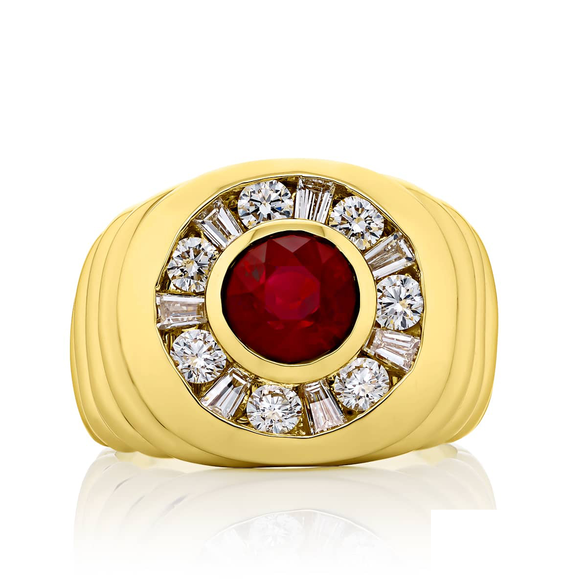 18K Yellow Gold Round Pigeon Blood Burmese Ruby Certified Men's Ring
