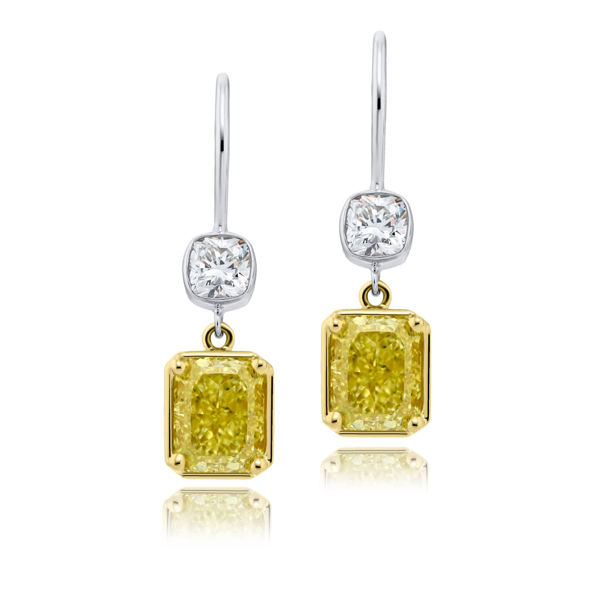 18K Yellow Gold and Platinum Radiant-Cut Fancy Yellow Diamond Certified Drop Earrings