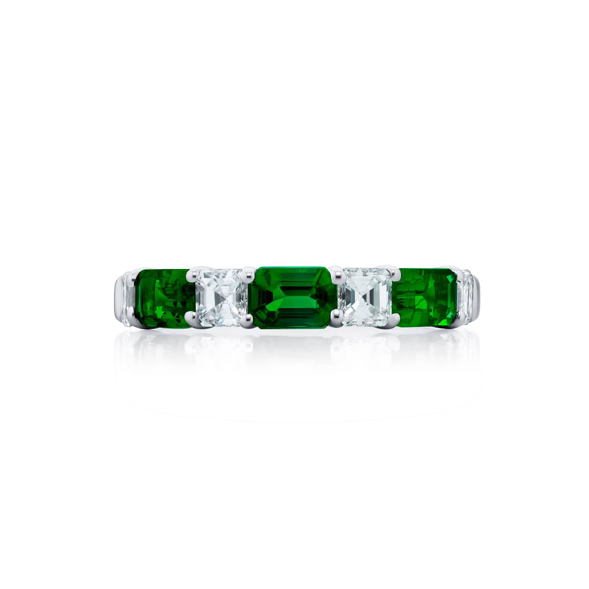 Platinum Emerald-Cut Emerald and Square Emerald-Cut Diamond Single-Row East-West Band