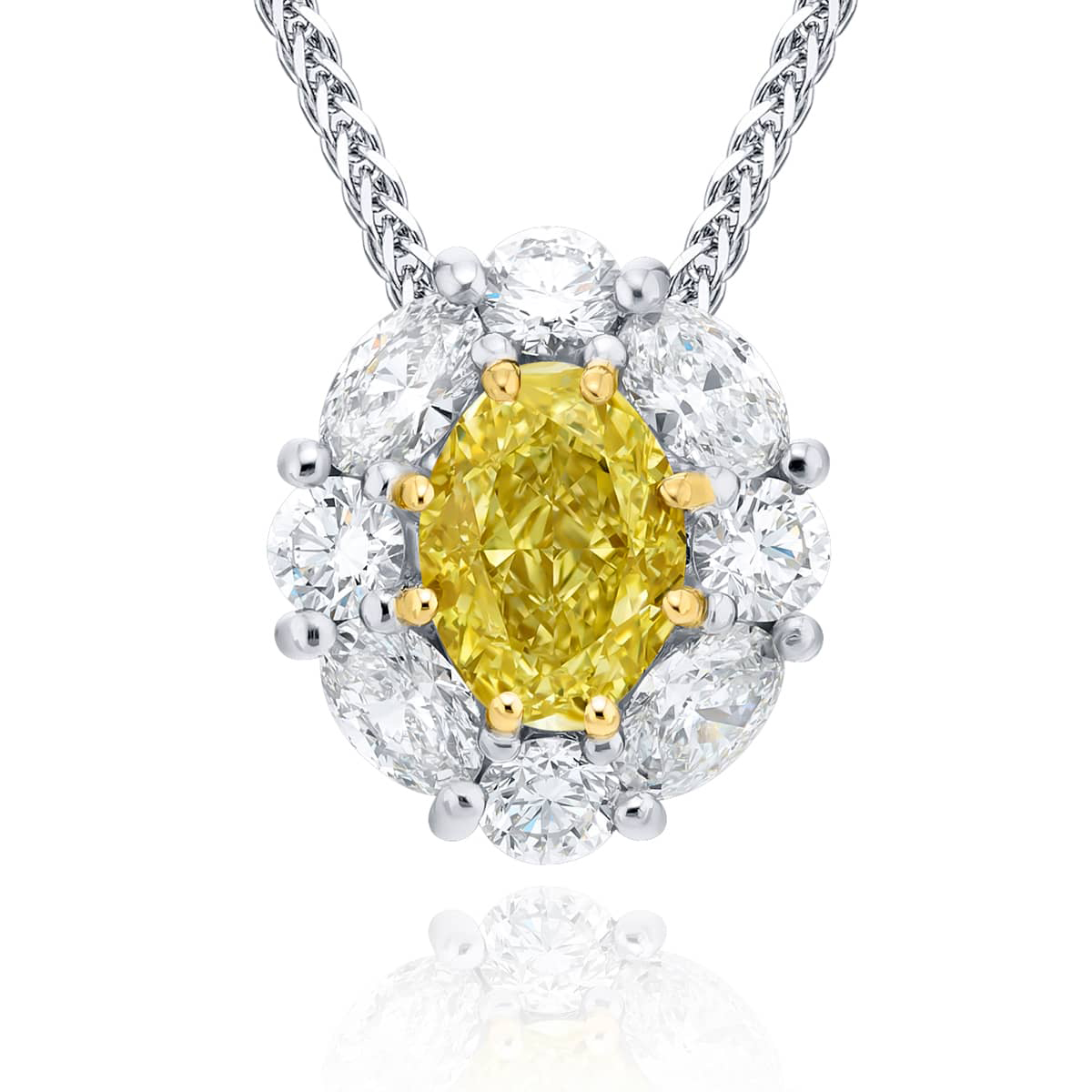 Platinum Oval Fancy Yellow Diamond and Round Diamond Pendant