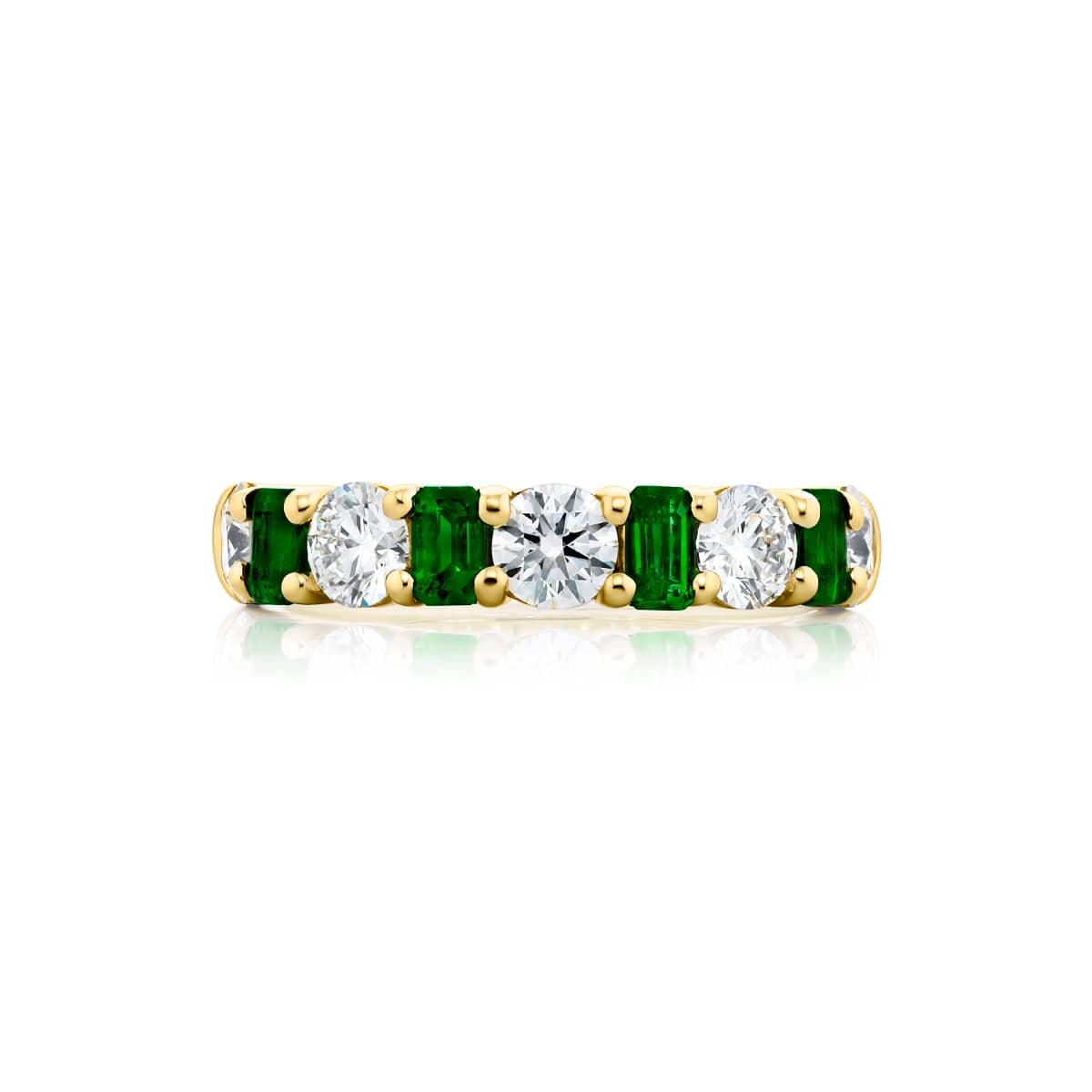18K Yellow Gold Emerald-Cut Emerald and Round Diamond Single-Row Band