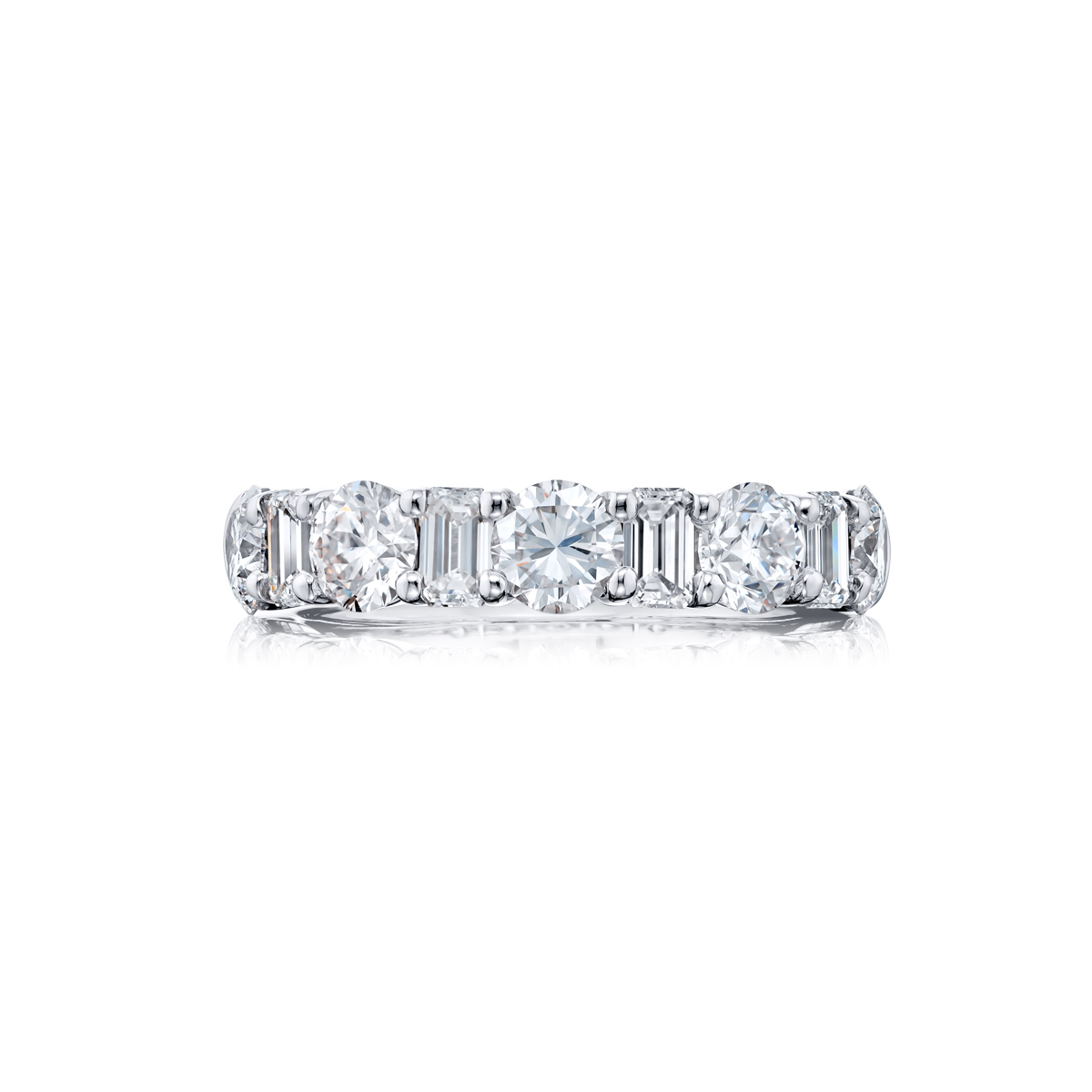 Platinum Emerald-Cut and Round Diamond Single-Row Band