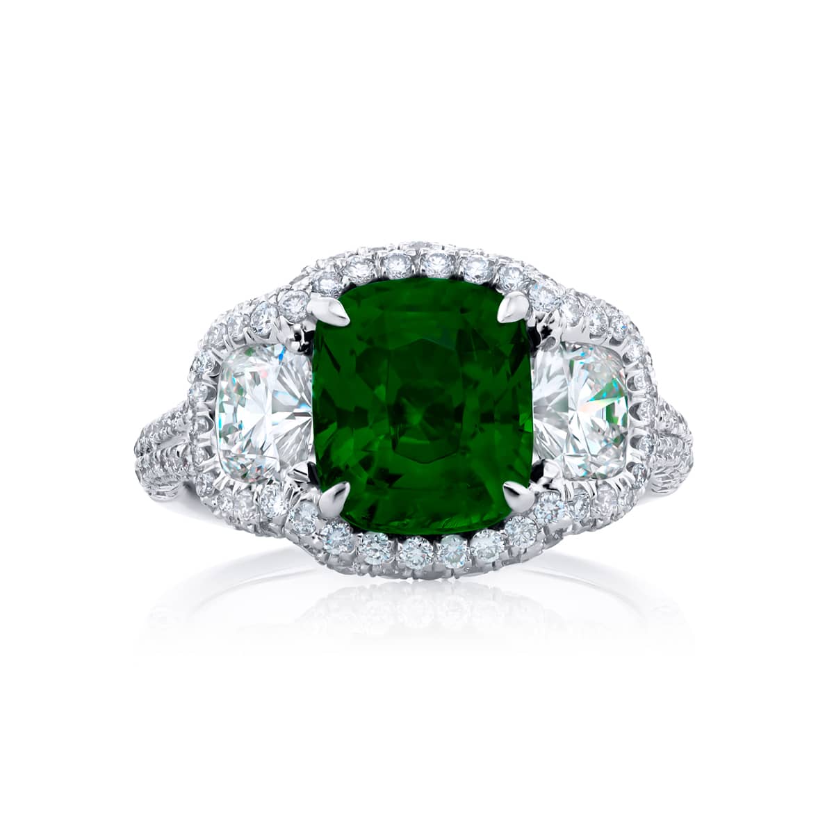 Platinum Cushion-Cut Tzavorite Certified Micro Pave Ring