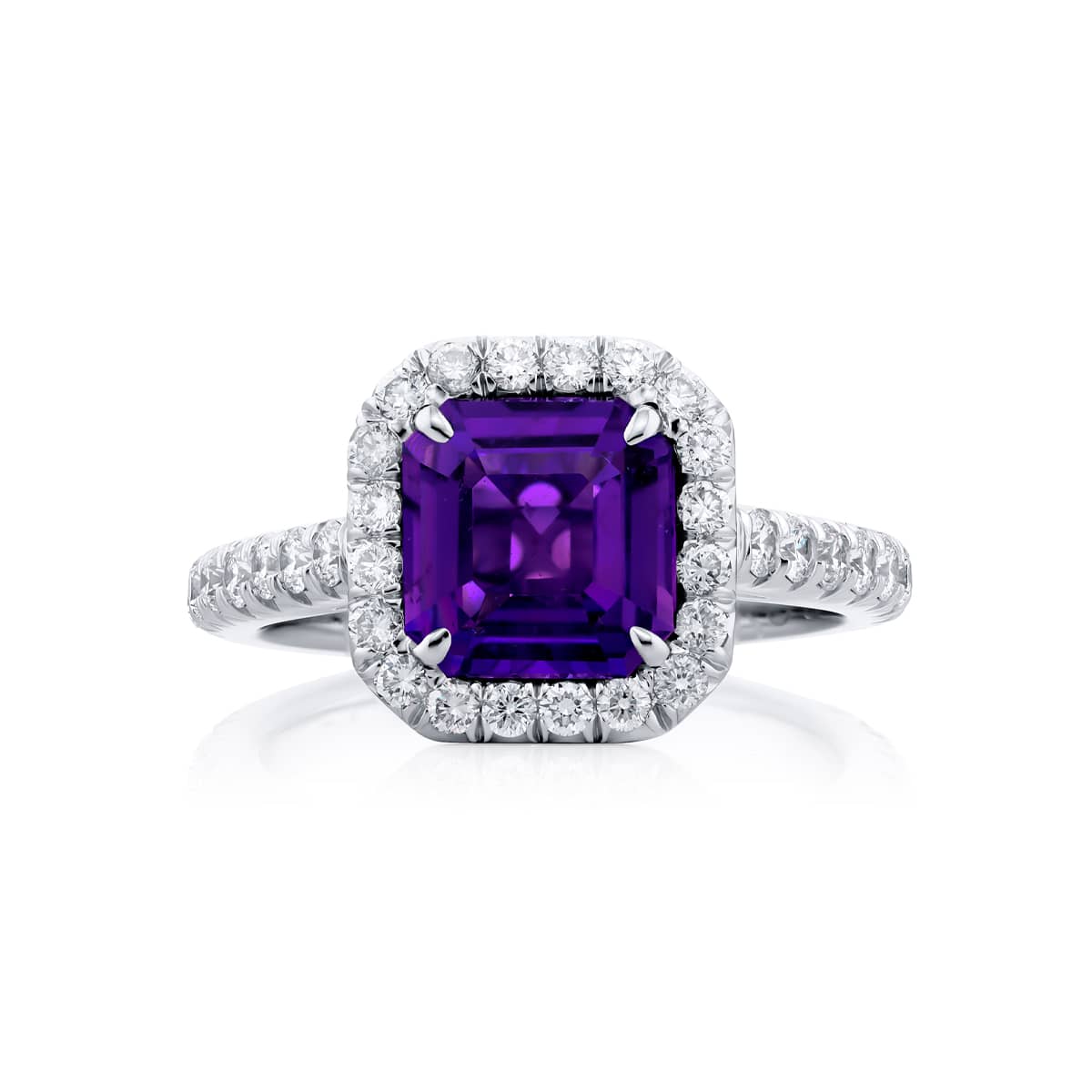 Platinum Square Emerald-Cut Purple Sapphire Micro Pave Ring