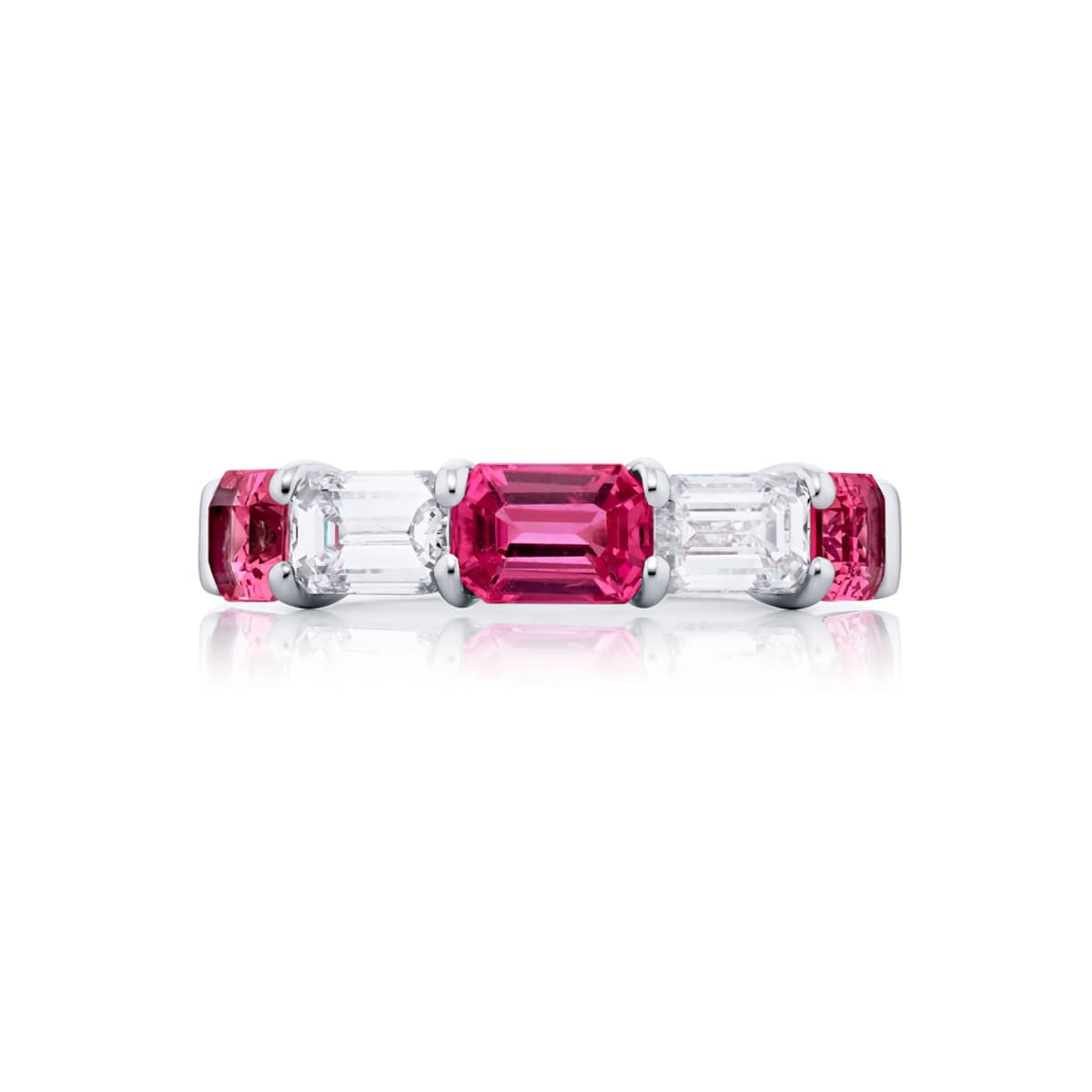 Platinum Emerald-Cut Pink Sapphire and Diamond Single-Row East-West Band