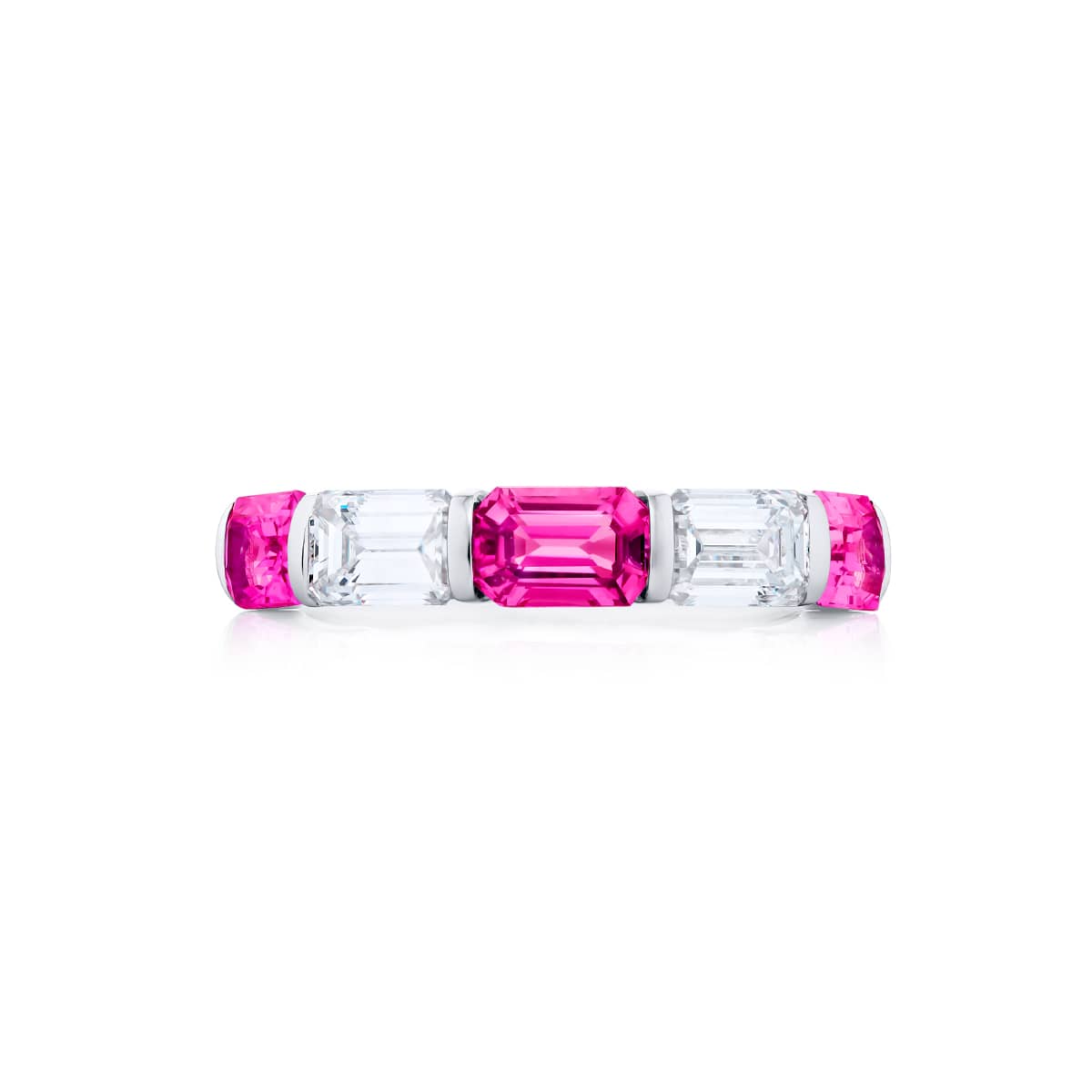 Platinum Emerald-Cut Pink Sapphire and Diamond Single-Row Bar Set Band