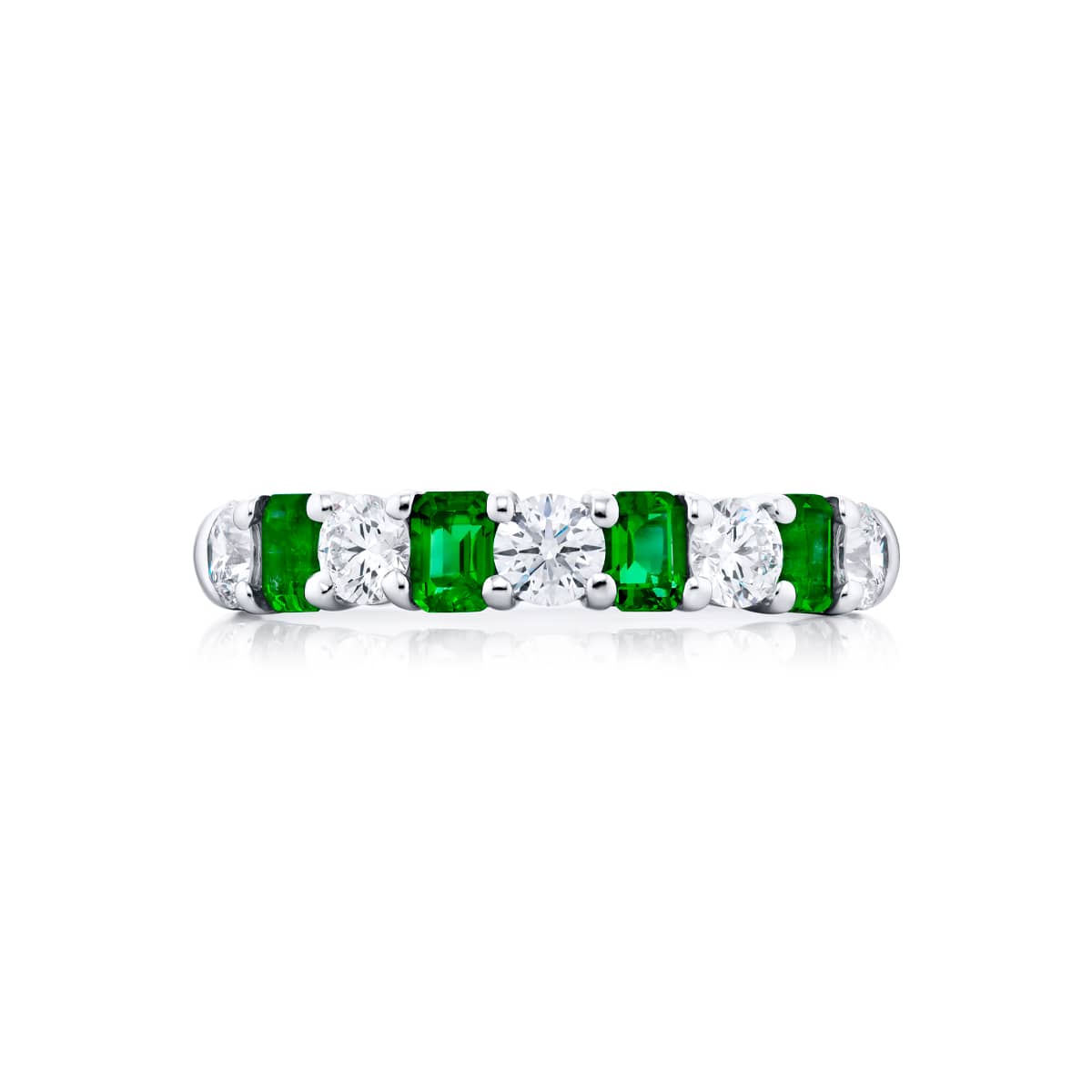 Platinum Emerald-Cut Emerald and Round Diamond Single-Row Band