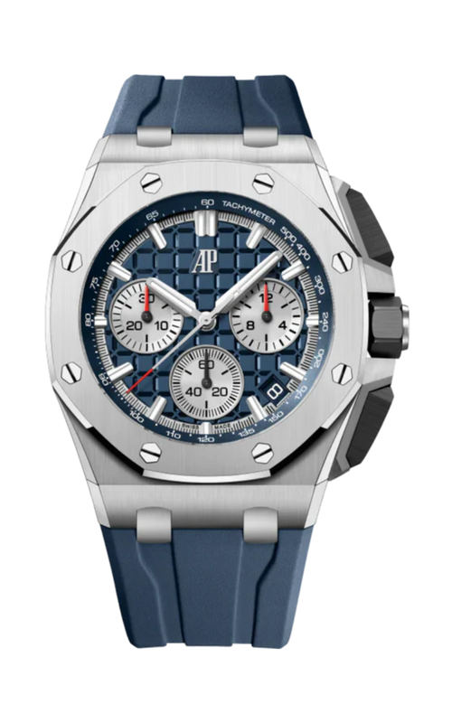 42MM TITANIUM AUDEMARS PIGUET ROYAL OAK OFFSHORE CHRONO, BLUE DIAL, BLUE RUBBER STRAP. BOX AS NEW/U