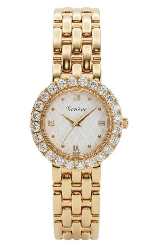 22MM 14KY VINTAGE GENEVE WATCH, WHITE MOTIF DIAL, DIAMOND BEZEL, 24 FC = 1.25CTW, G VS-SI1