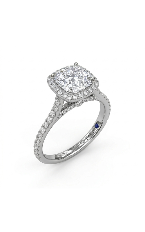 18KW 0.57CTW DIAMOND ENGAGMENT RING WITH 6.5MM CUSHION CZ CENTER WITH HALO, PEAKABOO DIAMONDS, PAVE