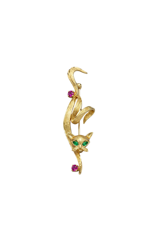 14KY.07CTW RUBY .15CT SAPPHIRE CAT PIN WITH A ROUND RUBY AND SAPPHIRE SET ON THE PAW AT THE BOTTOM A