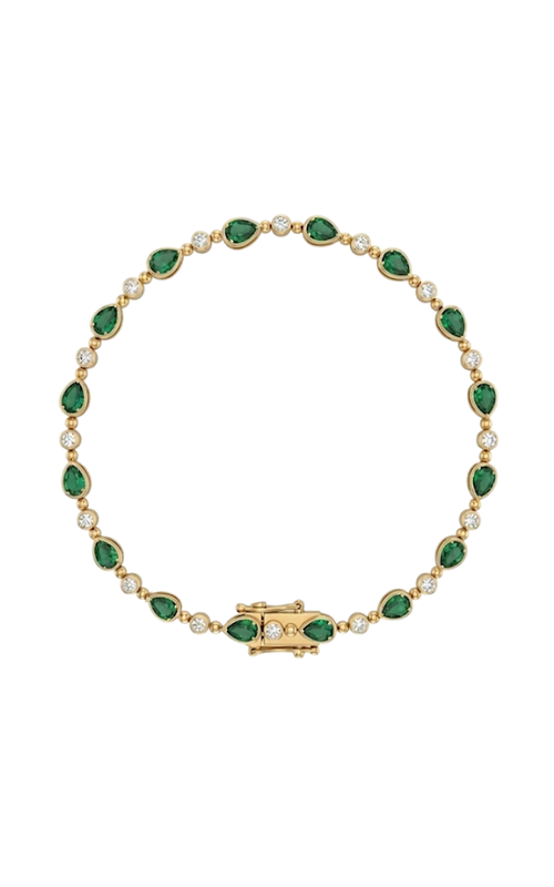 14KYG BEZEL SET EMERALD AND DIAMOND TENNIS BRACELET, ALTERNATING PEAR SHAPE EMERALDS 13 =2.08 CT AND