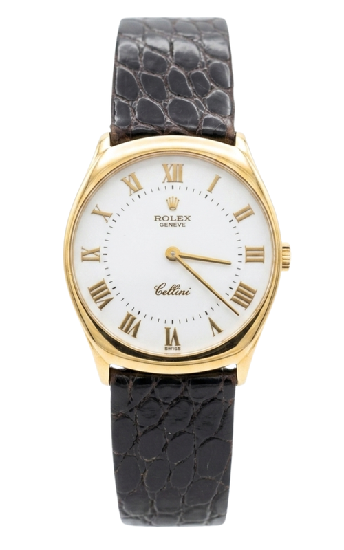 31MM 18KY ROLEX CELLINI, WHITE ROMAN DIAL, MANUAL WIND, NON-WATER RESISTANT DARK ALLIGATOR STRAP, BO