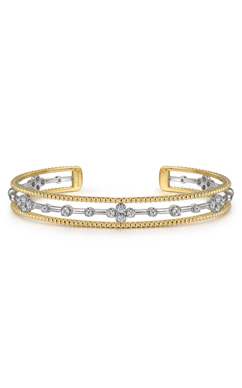 14KY/KW BEADED DIAMOND CUFF BANGLE BRACELET, BUJUKAN, 18 DIAS = 0.38CTW SI+